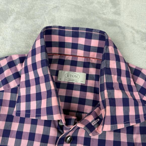 Eton Contemporary Check Dress Shirt Pink Blue Cotton Size 15.5 40 swedish Casual - Picture 4 of 9